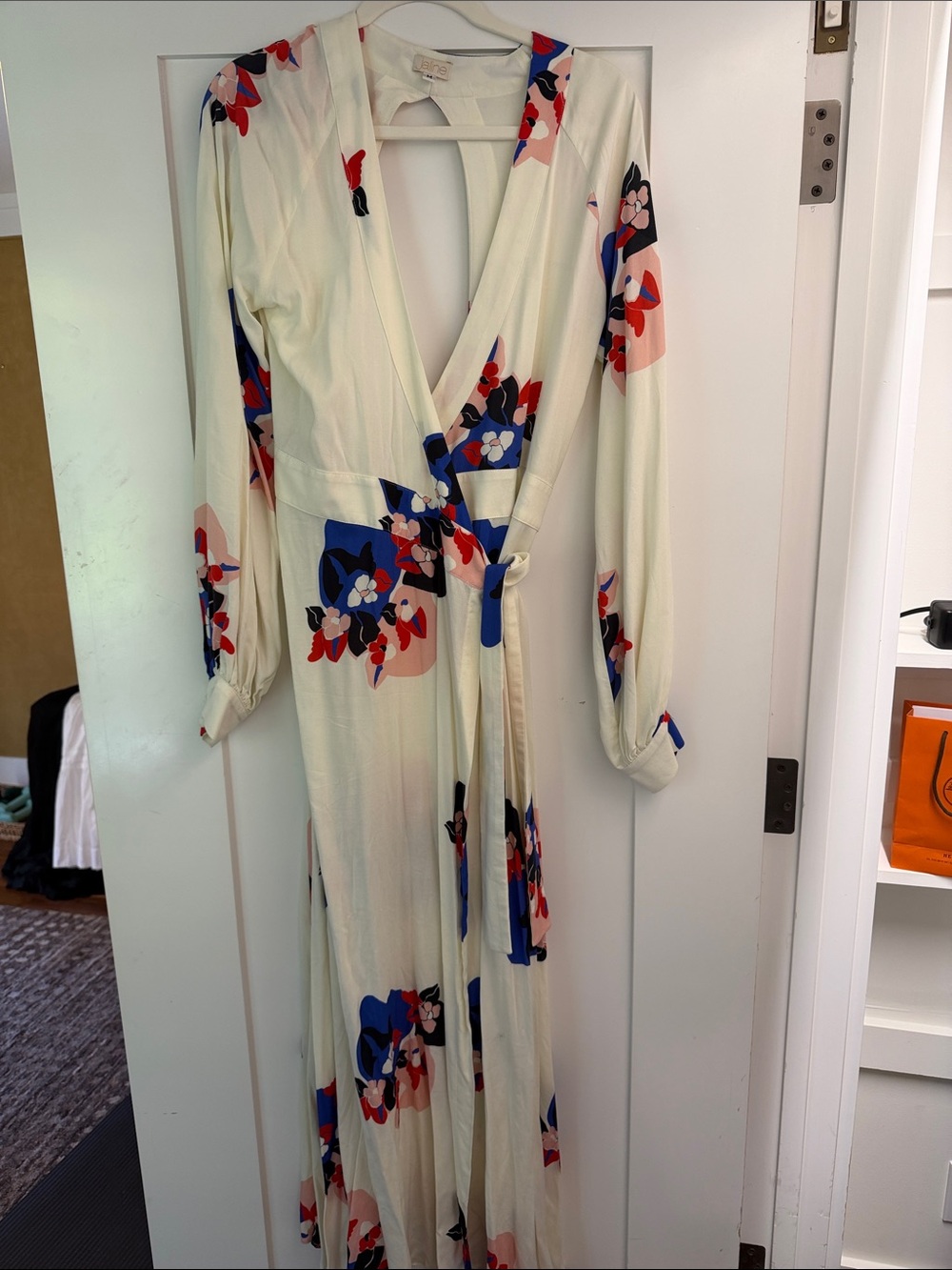 Jalinedesign Floral Wrap Maxi kimono Dress in Cream with Blue & Red Accents